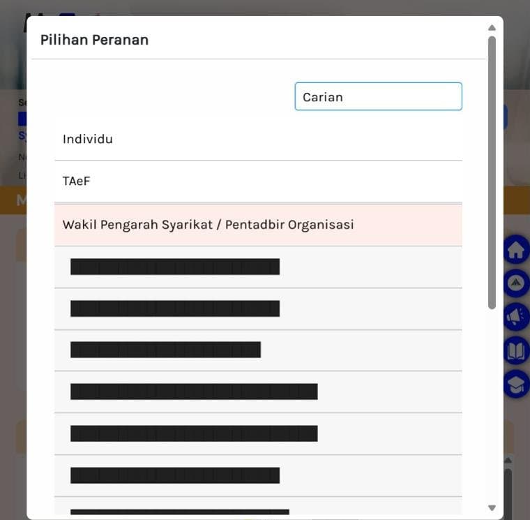 MyTax role list with Wakil Pengarah Syarikat / Pentadbir Organisasi and the company list