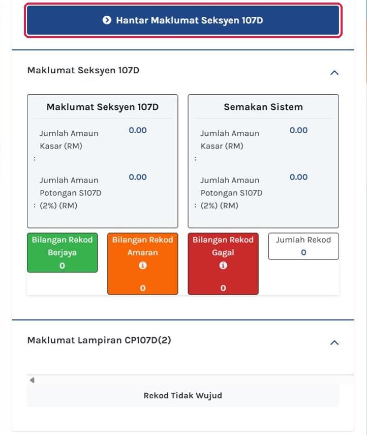 Hantar Maklumat Seksyen 107D button and the summary boxes