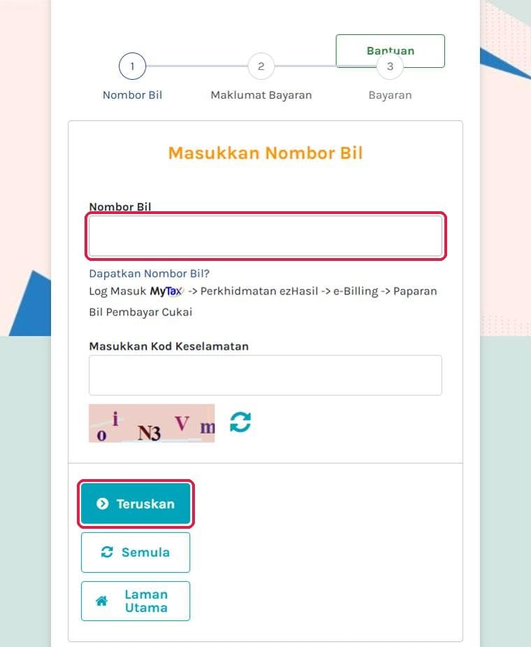 ByrHASiL bill number page with the Nombor Bil field and Teruskan highlighted